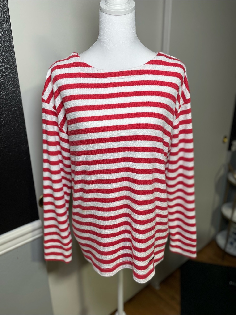Jones New York Red and White Striped Crewneck Sweater